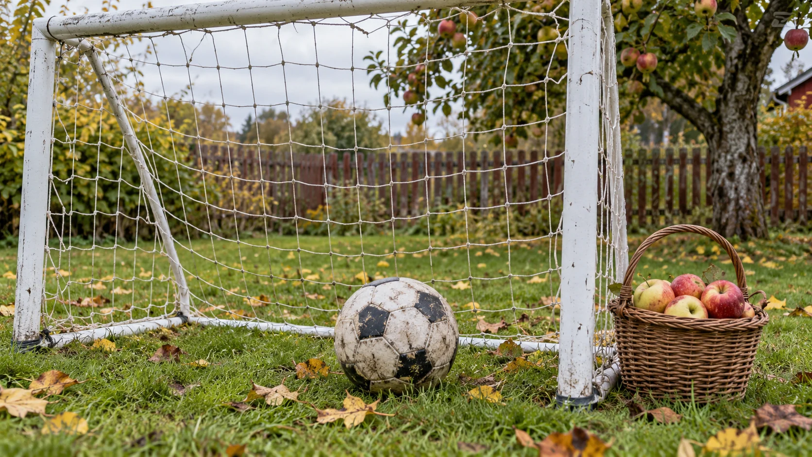 AI-genererad bild av en fotboll i ett trädgårdsmål och en korg med äpplen bredvid målstolpen