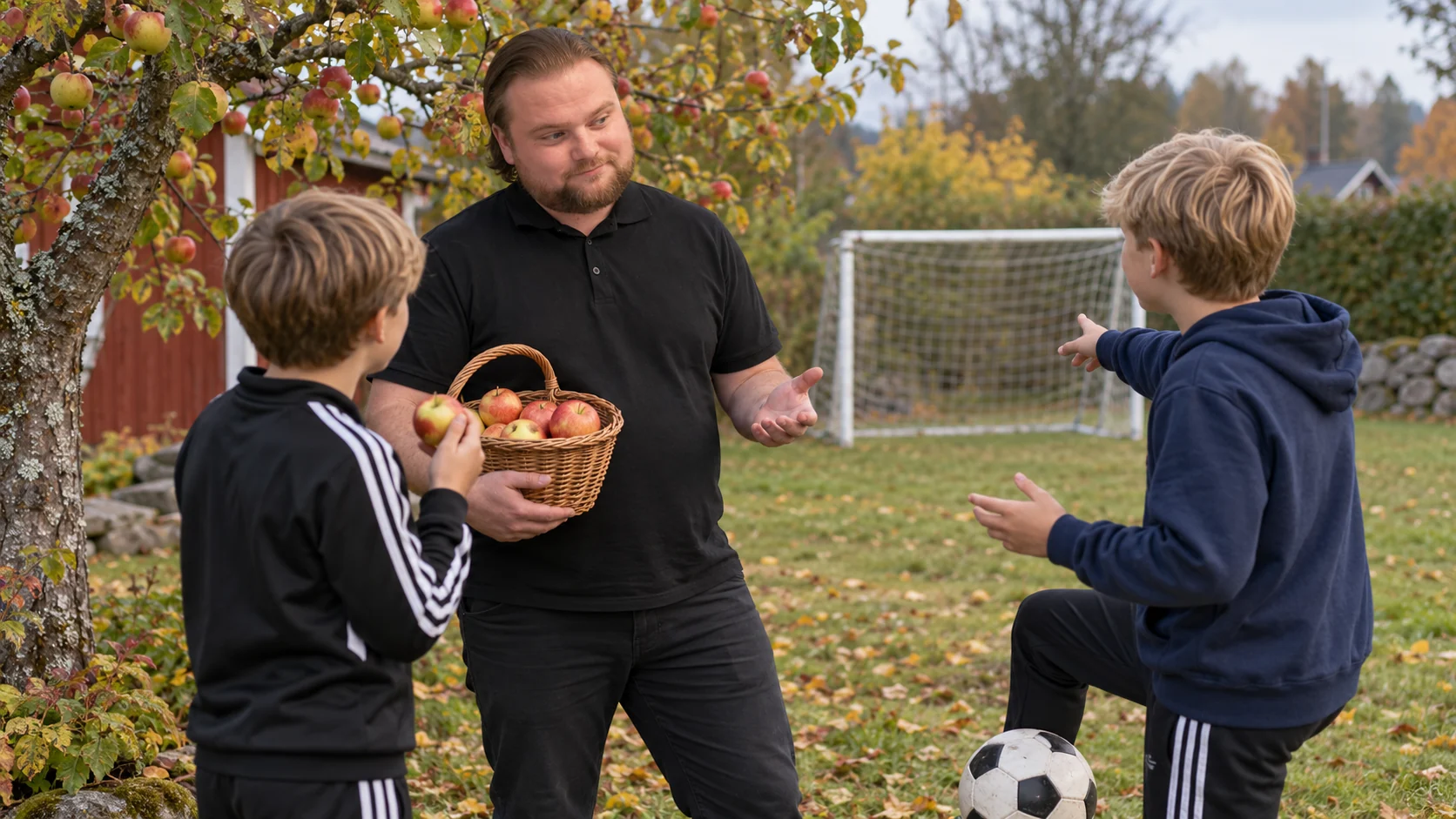 AI-genererad bild av Max Koriander med en äppelkorg som diskuterar med två barn vid ett fotbollsmål i trädgården