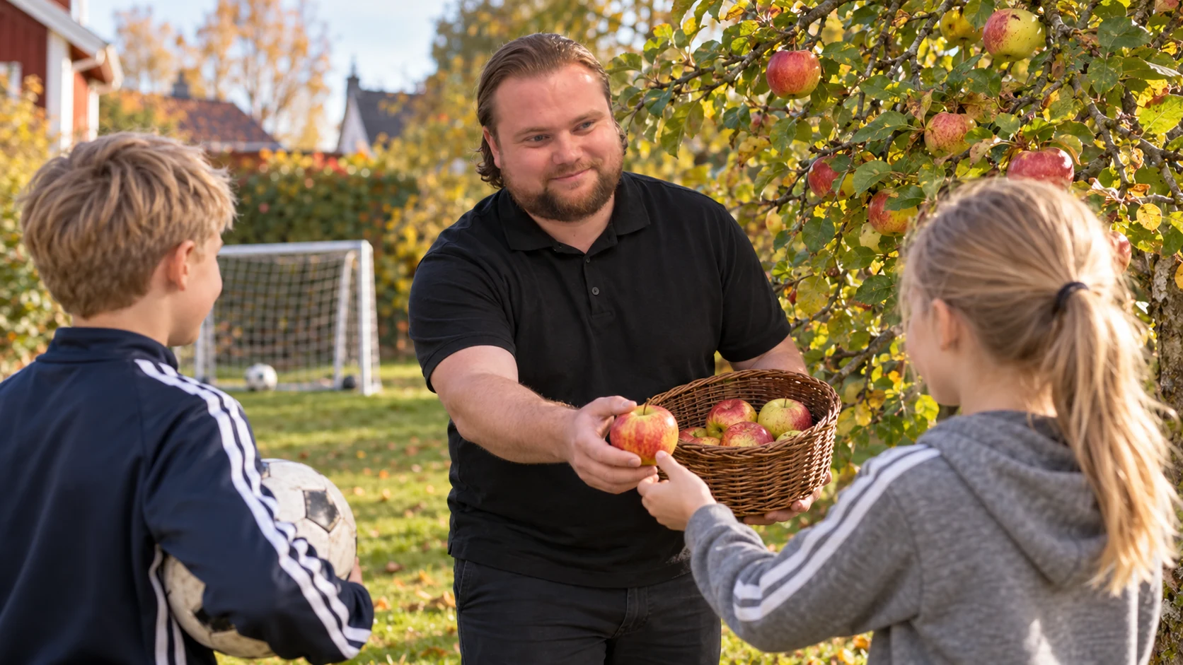 AI-genererad bild av Max Koriander som delar ut äpplen till två grannbarn i sportkläder vid sitt äppelträd