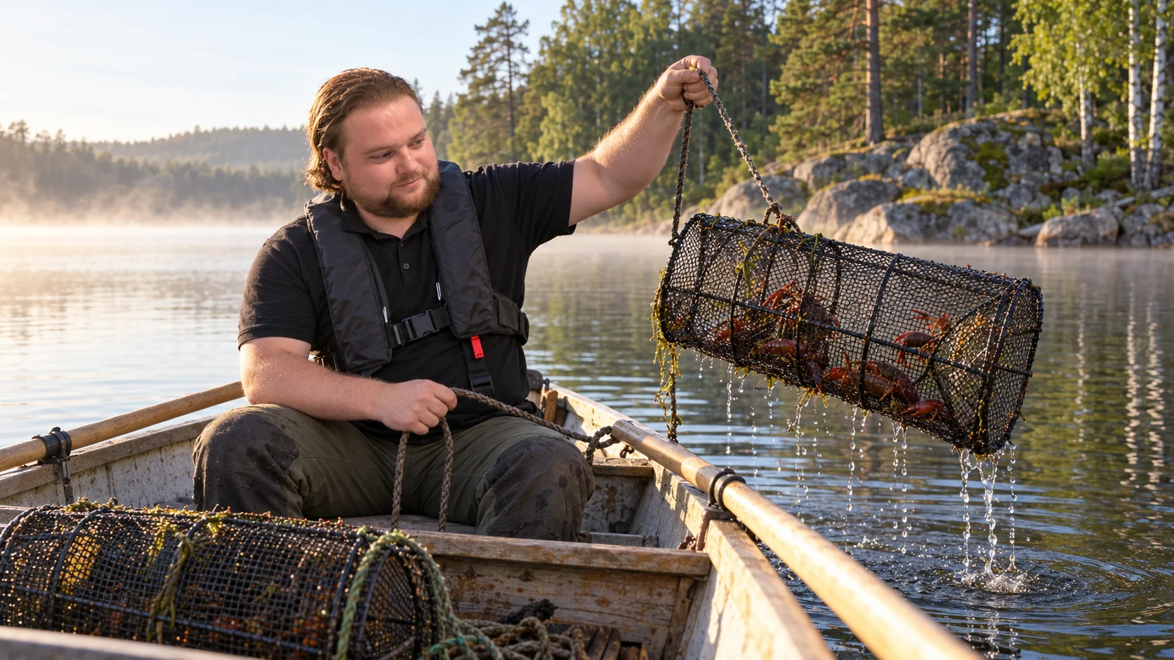 AI-genererad bild av Bangar-Max som lyfter en kräftbur från en roddbåt på en småländsk sjö