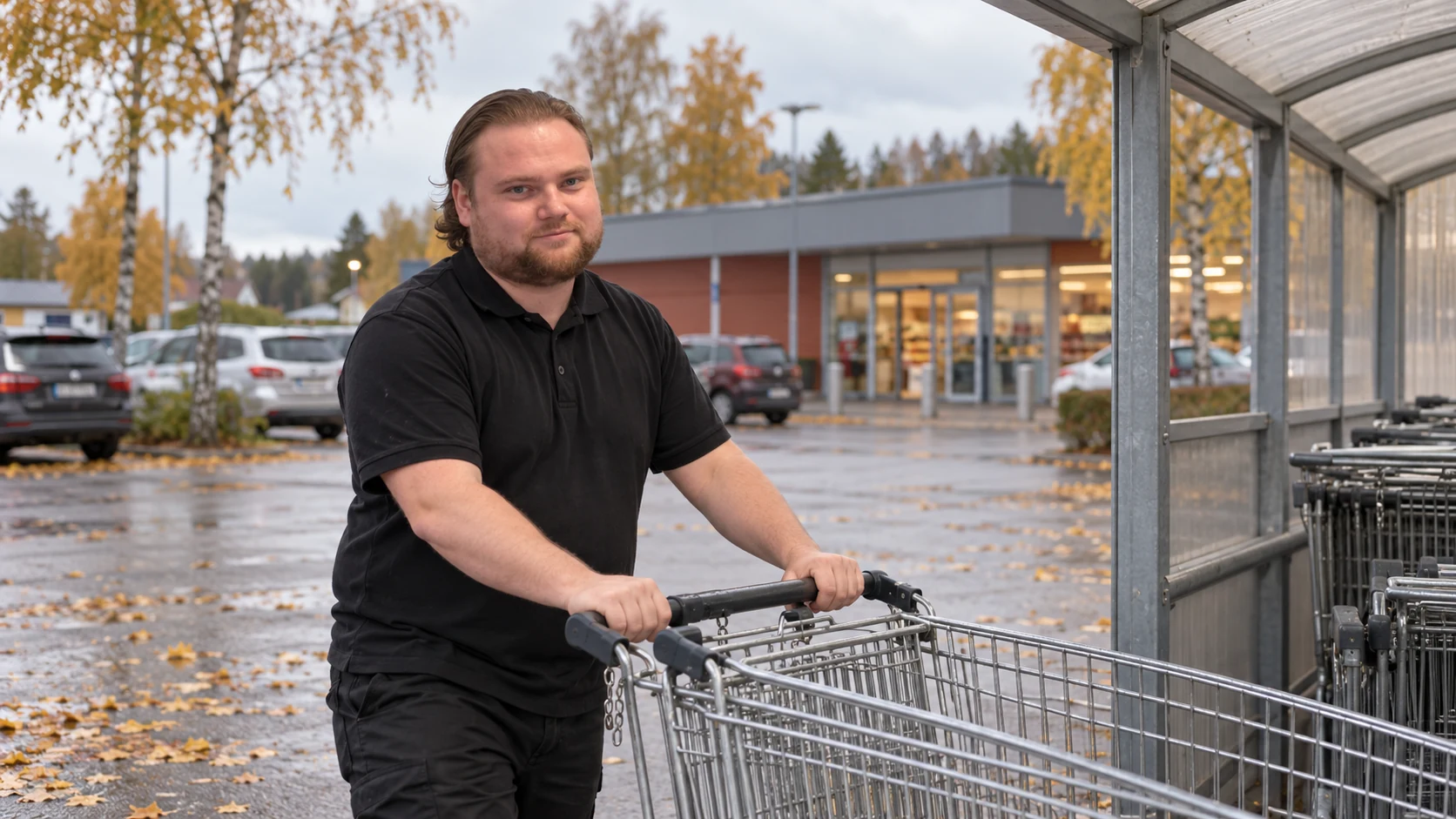 AI-genererad bild av Max Koriander som återför kundvagnar till ett vagnställ utanför en matbutik