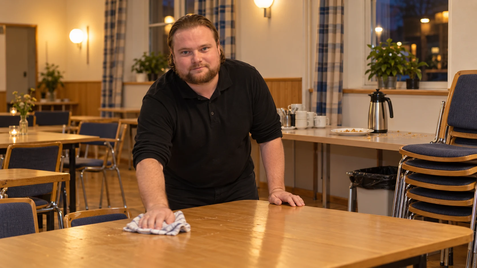 AI-genererad bild av Max Koriander som torkar ett bord efter en sammankomst i en samlingslokal