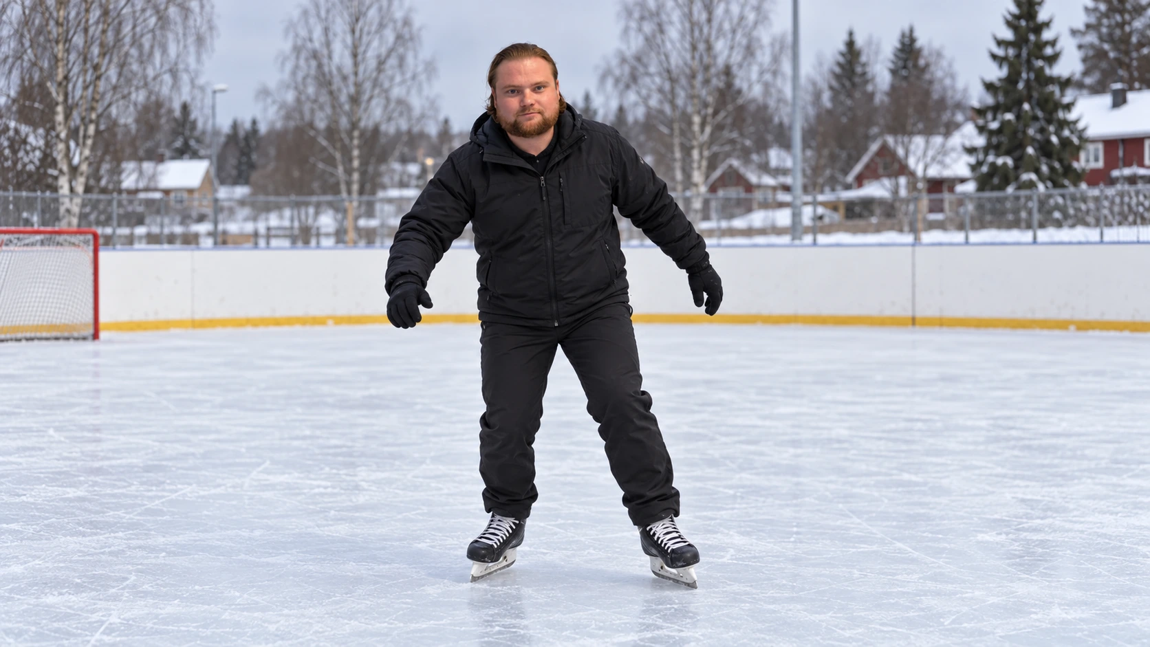 AI-genererad bild av Max Koriander i svart vinterjacka och skridskor, med armarna ut för balansen på en isbana