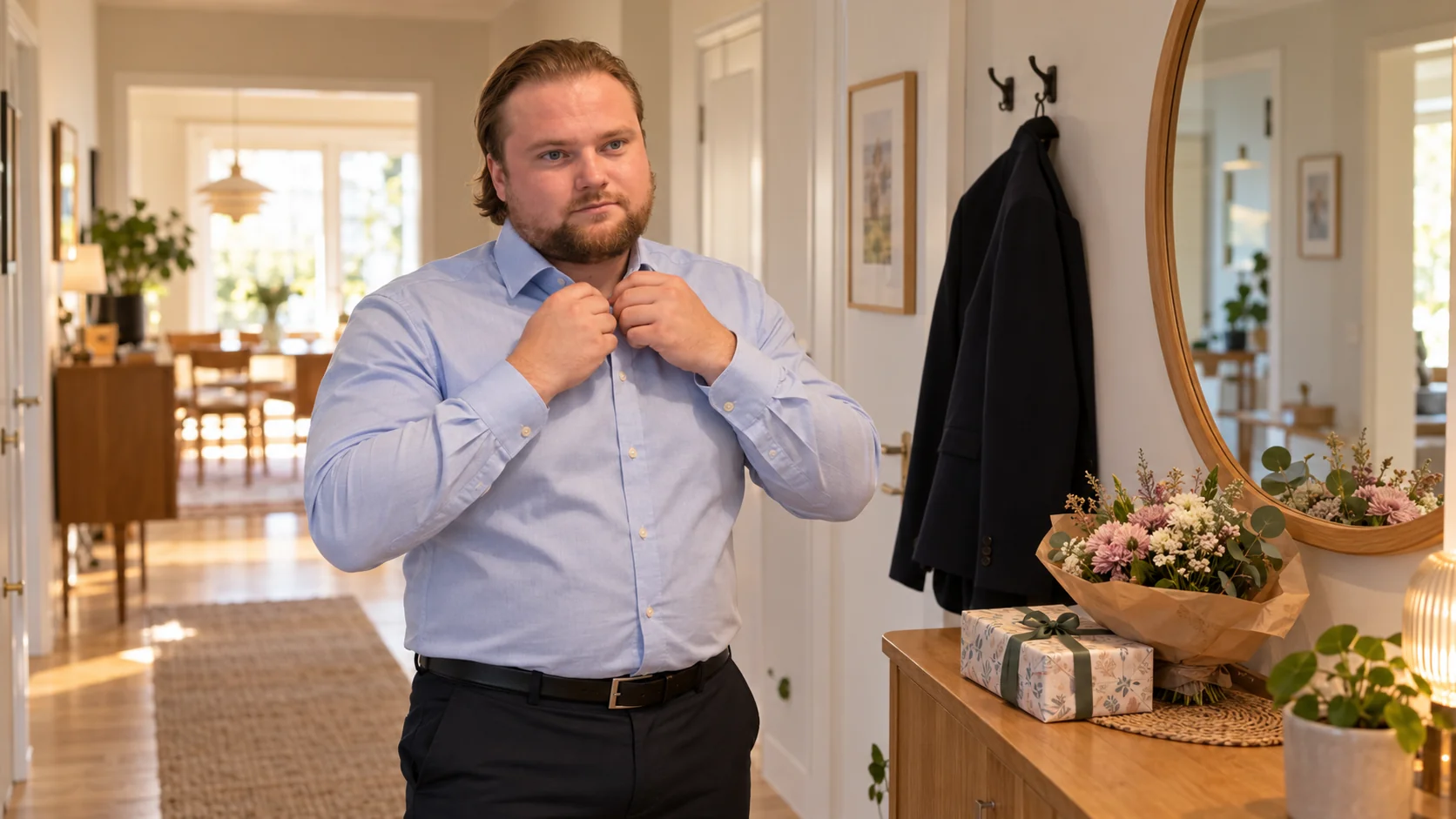 AI-genererad bild av Bangar-Max som rättar till skjortkragen inför ett släktkalas