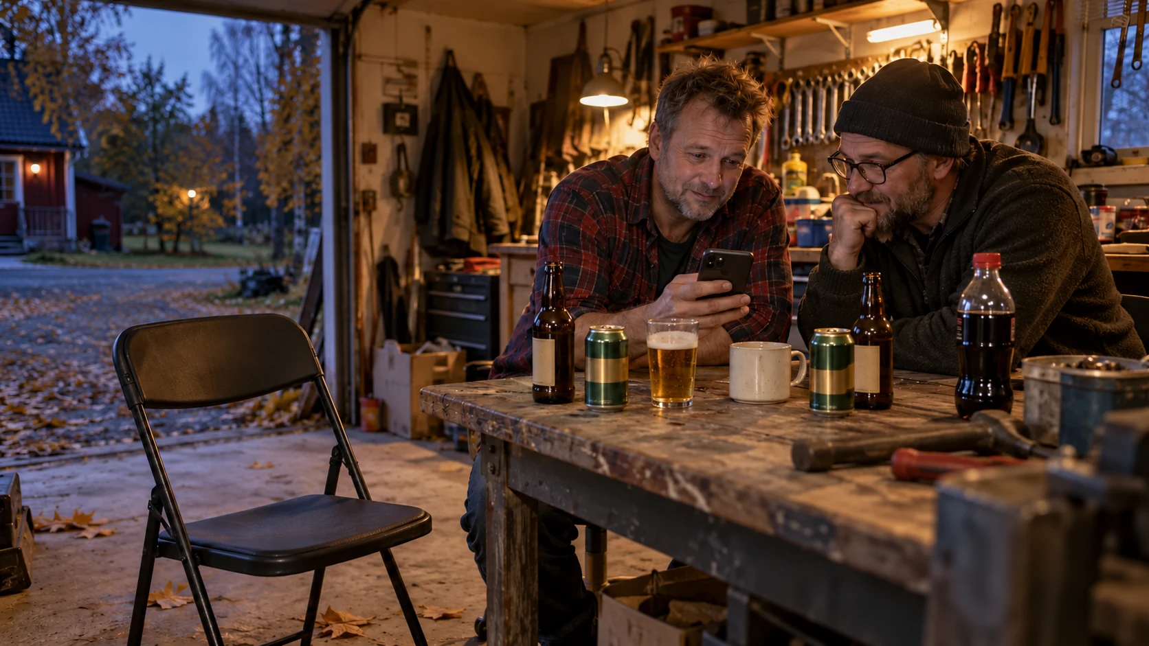 AI-genererad bild av två vänner som granskar en mobil vid en arbetsbänk med ölburkar, ölflaskor och en tom stol i garaget