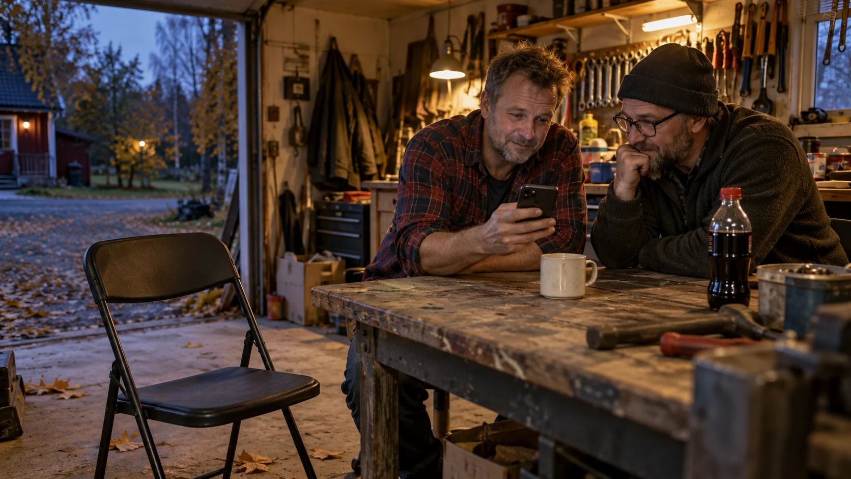 AI-genererad bild av två vänner som granskar en mobil vid en arbetsbänk i garaget, med en tom stol i förgrunden