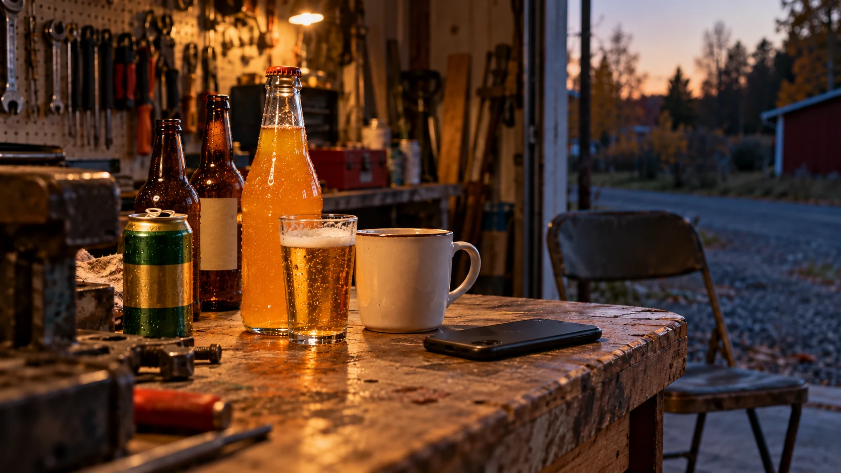 AI-genererad närbild av ölburk, ölflaskor, ett ölglas, en oöppnad läskflaska, en kaffemugg och en mobil vid en tom stol i garaget