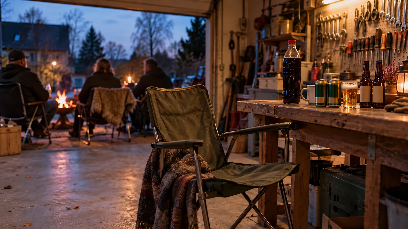AI-genererad bild av en tom stol i ett garage, med ölburkar, ölflaskor, kaffe och läsk på arbetsbänken och vänner i bakgrunden