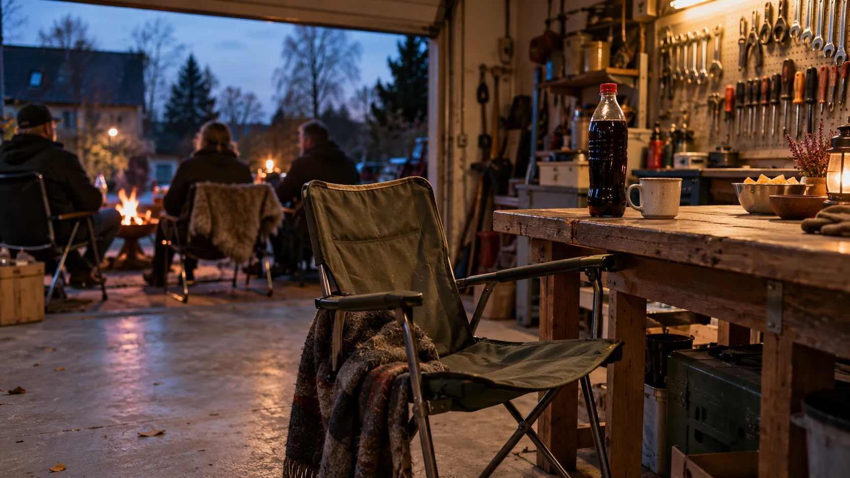 AI-genererad bild av en tom stol vid en arbetsbänk med kaffe och läsk i ett garage, med vänner i bakgrunden