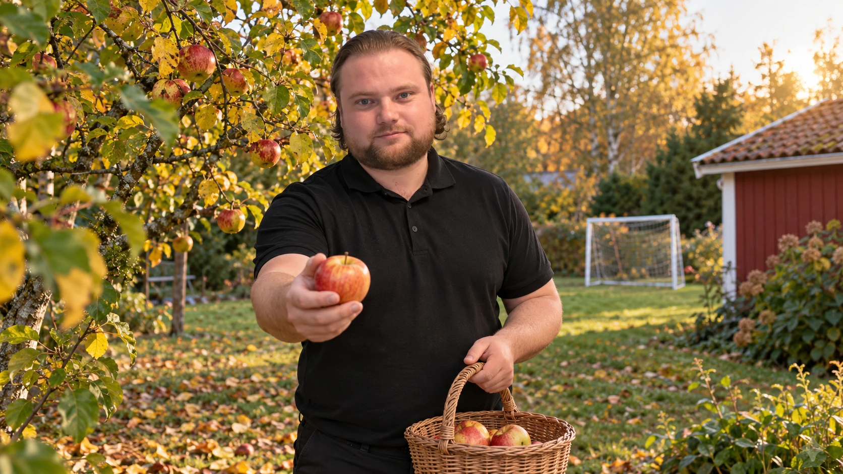 AI-genererad bild av Max Koriander som erbjuder ett äpple vid sitt äppelträd och håller en korg med frukt