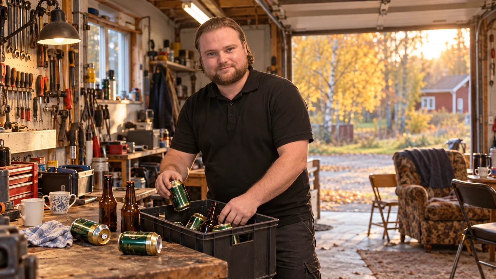 AI-genererad bild av Max Koriander som samlar ölburkar och flaskor i en back vid arbetsbänken i garaget