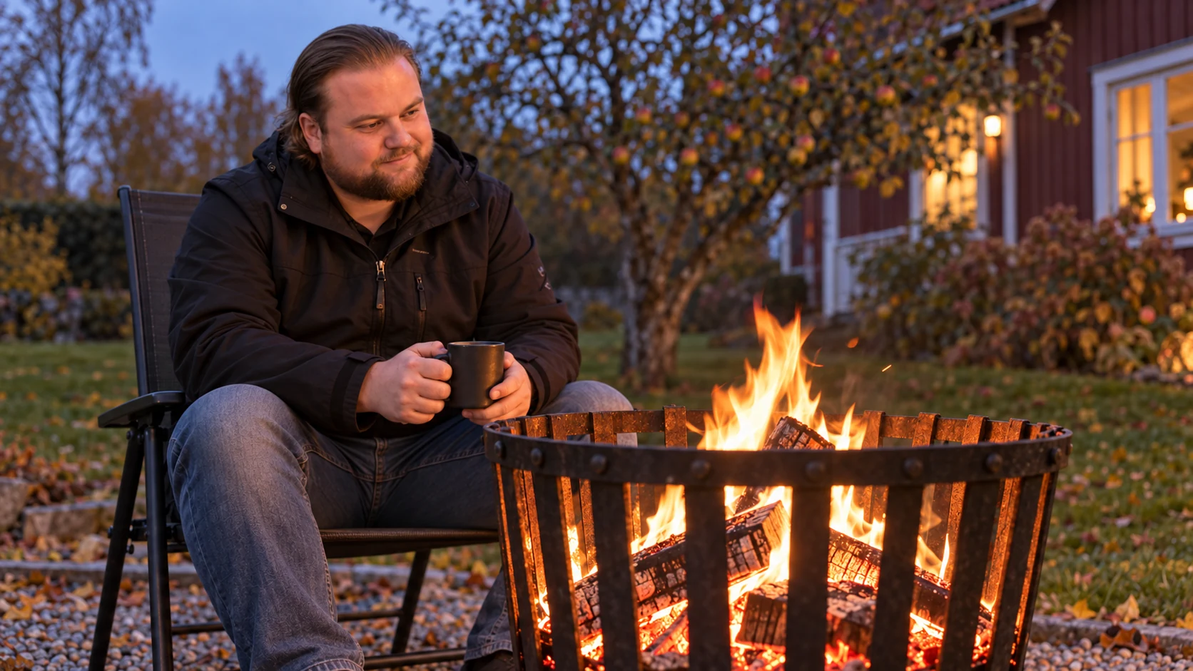 AI-genererad närbild av en svart eldkorg med brinnande ved och glöd, med Max Koriander sittande bakom med en mugg