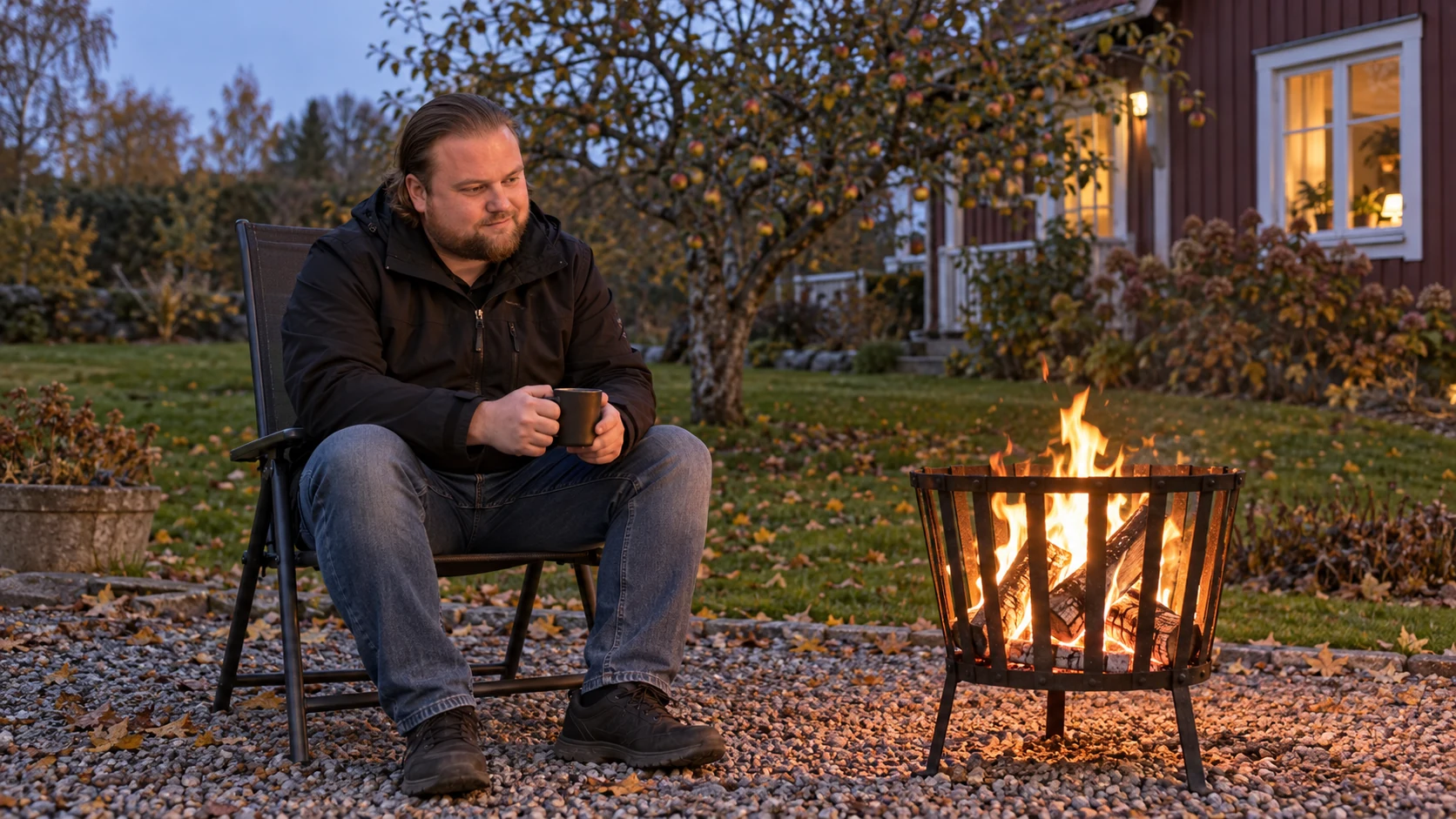 AI-genererad bild av Max Koriander som sitter i en trädgårdsstol med en mugg och ser på elden i en svart eldkorg på tomten i höstskymningen