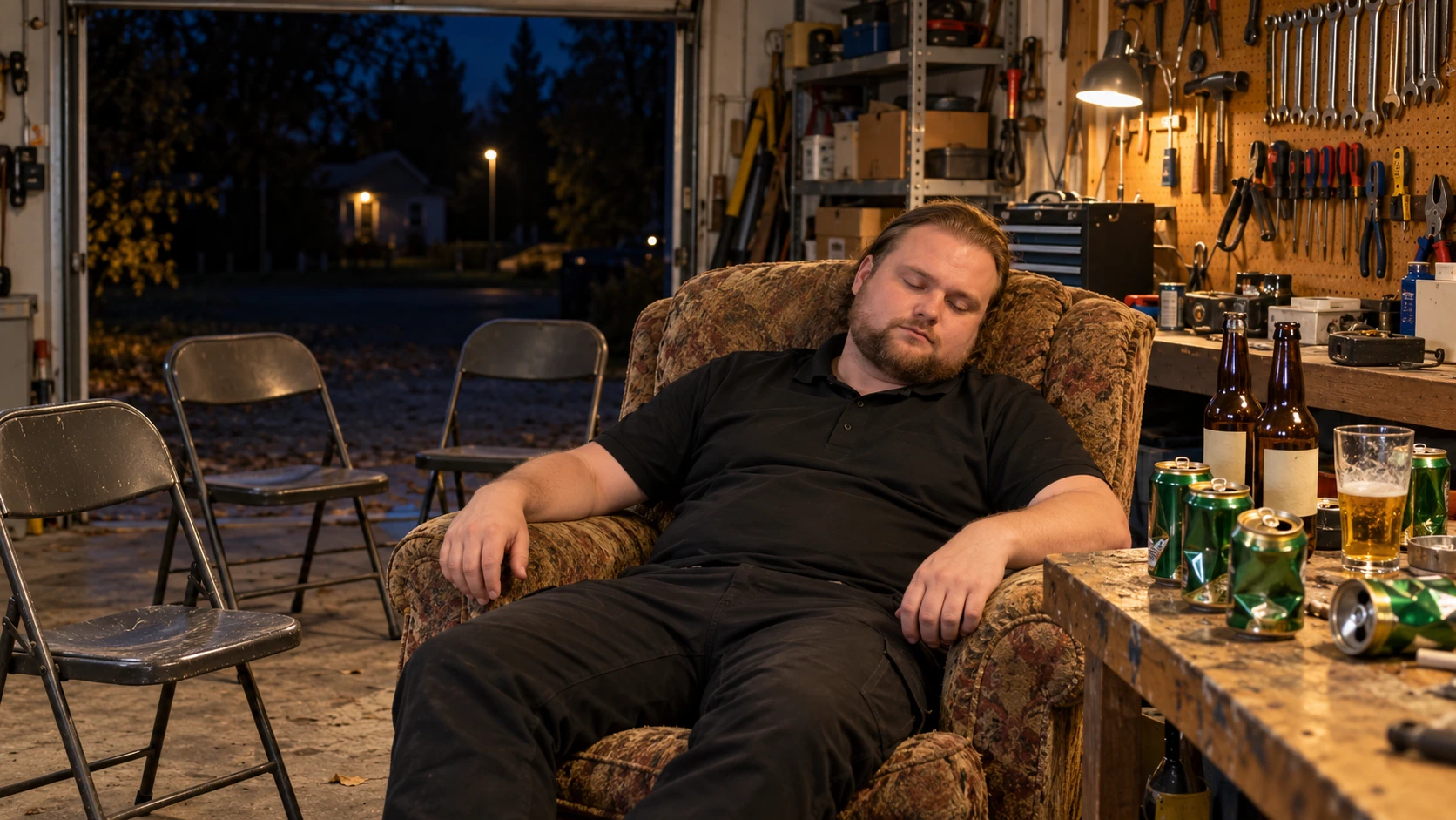 AI-genererad bild av Max Koriander som sover i en fåtölj i garaget, med ölburkar och flaskor på arbetsbänken och tomma stolar bredvid