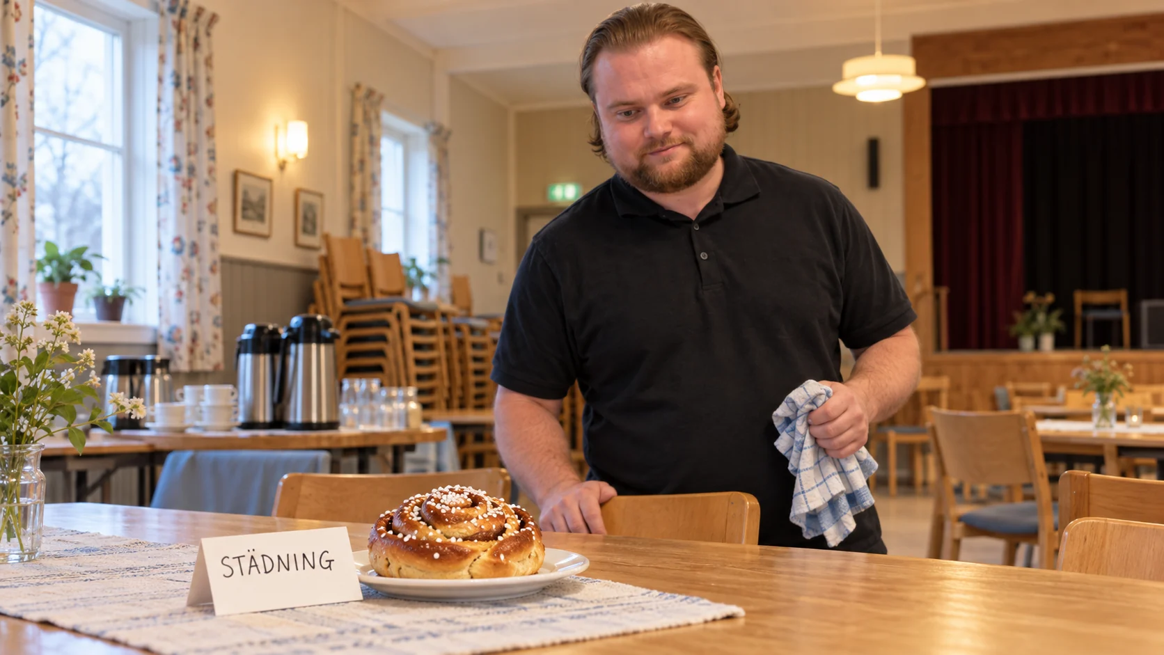 AI-genererad bild av Max Koriander med en städtrasa bakom en kanelbulle och en skylt med texten STÄDNING i en samlingslokal
