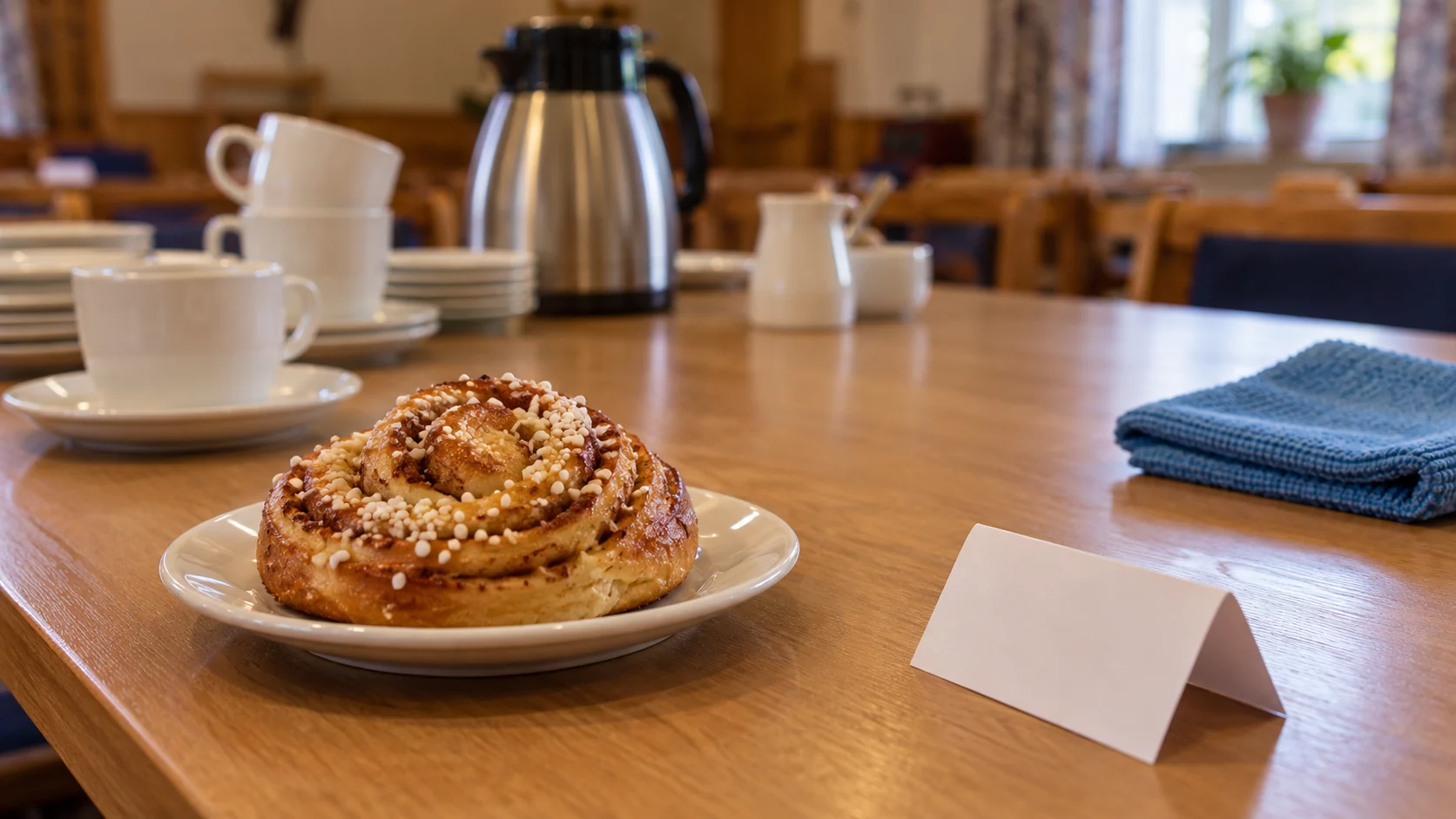 AI-genererad närbild av en kanelbulle på ett eget fat med ett blankt placeringskort och en städtrasa på bordet